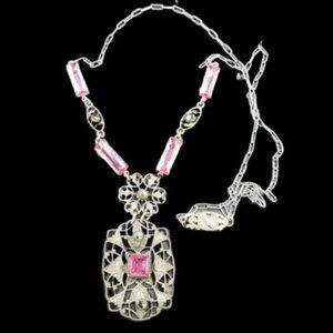 Art Deco Pink Glass Marcasite Filigree Necklace